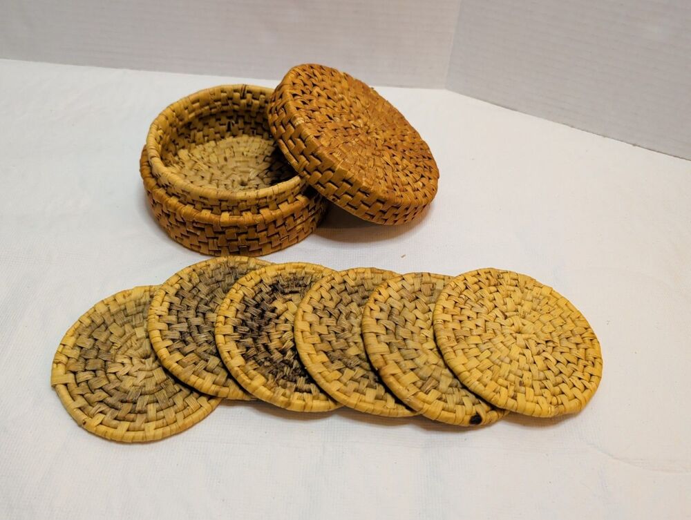 Woven Rattan Wicker Round 6 Coasters Set in Woven Basket- dark from water stain